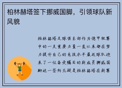柏林赫塔签下挪威国脚，引领球队新风貌