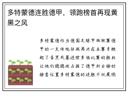 多特蒙德连胜德甲，领跑榜首再现黄黑之风